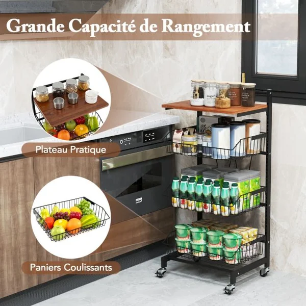 Chariot de Rangement de Cuisine sur Roues Chariot de Stockage pour Fruits et Légumes avec Paniers Réglables en Hauteur et Amovibles