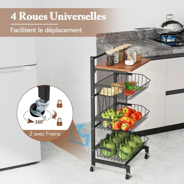 Chariot de Rangement de Cuisine sur Roues Chariot de Stockage pour Fruits et Légumes avec Paniers Réglables en Hauteur et Amovibles