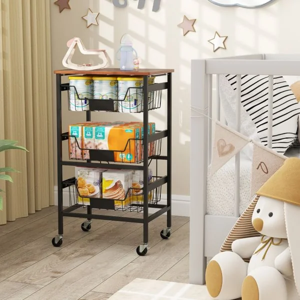 Chariot de Rangement de Cuisine à 4 Étagères Chariot Utilitaire Mobile avec Dessus en Bois Paniers Coulissants