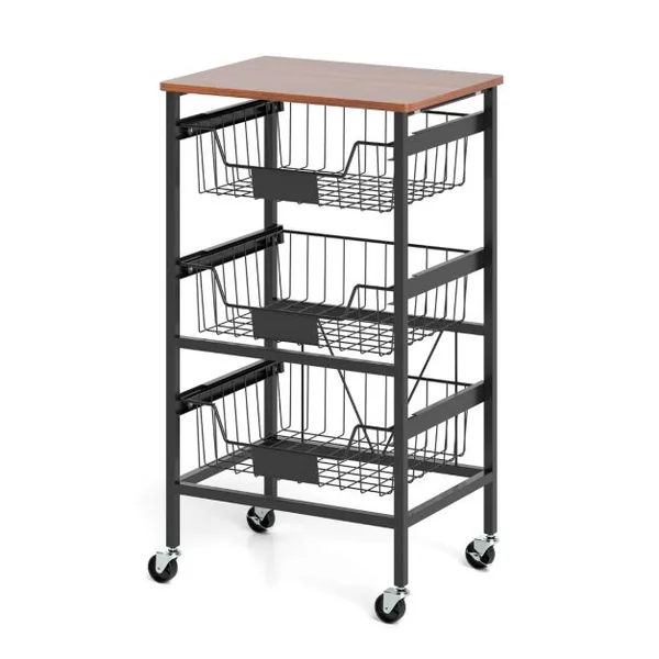 Chariot de Rangement de Cuisine à 4 Étagères Chariot Utilitaire Mobile avec Dessus en Bois Paniers Coulissants