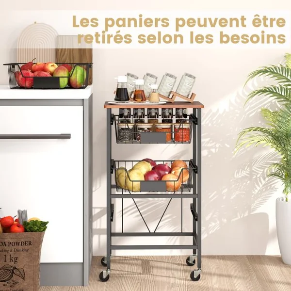 Chariot de Rangement de Cuisine à 4 Étagères Chariot Utilitaire Mobile avec Dessus en Bois Paniers Coulissants