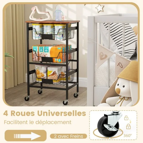Chariot de Rangement de Cuisine à 4 Étagères Chariot Utilitaire Mobile avec Dessus en Bois Paniers Coulissants