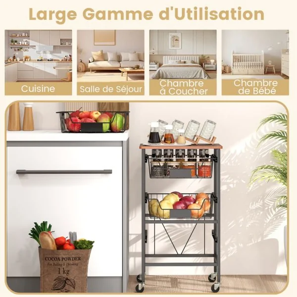 Chariot de Rangement de Cuisine à 4 Étagères Chariot Utilitaire Mobile avec Dessus en Bois Paniers Coulissants