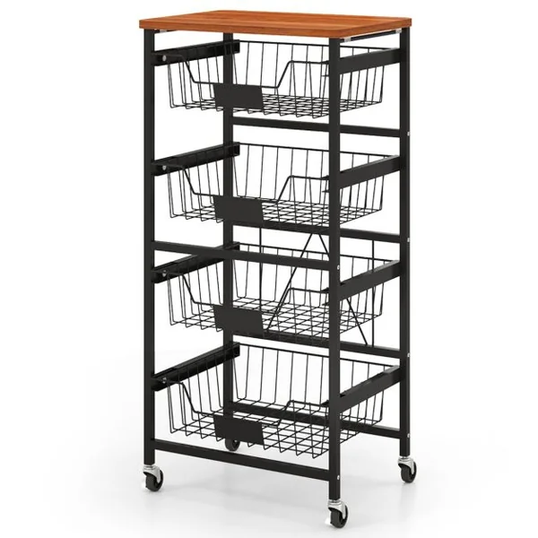 Chariot de Rangement de Cuisine à 5 Étagères Chariot Utilitaire Mobile avec Dessus en Bois Paniers Coulissants