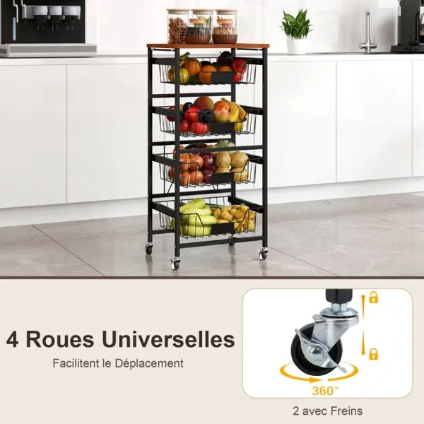 Chariot de Rangement de Cuisine à 5 Étagères Chariot Utilitaire Mobile avec Dessus en Bois Paniers Coulissants