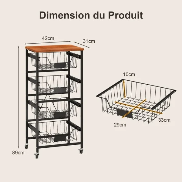 Chariot de Rangement de Cuisine à 5 Étagères Chariot Utilitaire Mobile avec Dessus en Bois Paniers Coulissants