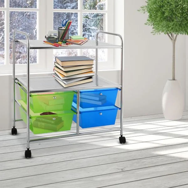 Chariot de Rangement Desserte à Roulettes avec freins 2 Étagères et 4 Tiroirs en PP et Acier, 63x37x73,5cm, Bleu Vert