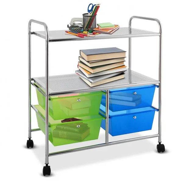 Chariot de Rangement Desserte à Roulettes avec freins 2 Étagères et 4 Tiroirs en PP et Acier, 63x37x73,5cm, Bleu Vert