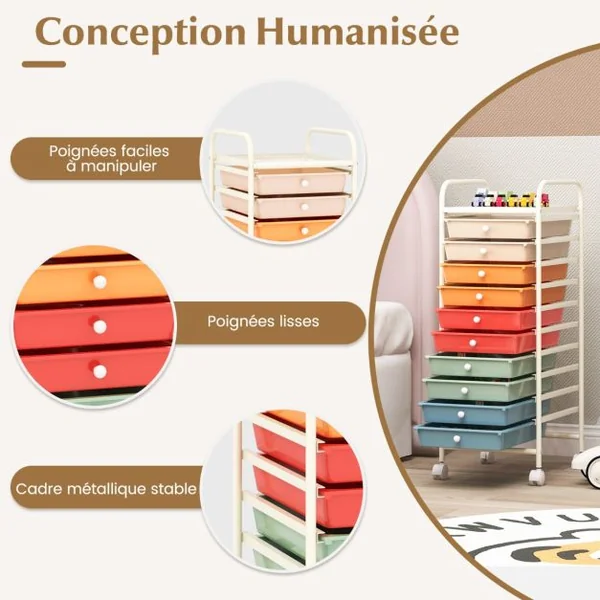 Chariot de Rangement Roulant 10 Tiroirs Amovibles Desserte pour Bureau Classeur à Roulettes 32,5x37x86cm 12 Couleurs