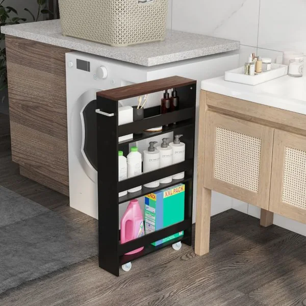 Chariot de Rangement à Roulettes Maince Mobile à 4 Niveaux pour Cuisine Étroites Salle de Bain Buanderie Bureau Marron
