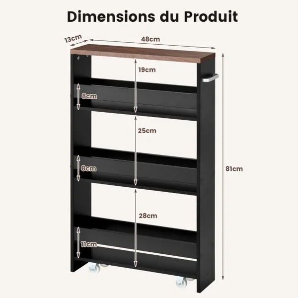 Chariot de Rangement à Roulettes Maince Mobile à 4 Niveaux pour Cuisine Étroites Salle de Bain Buanderie Bureau Marron