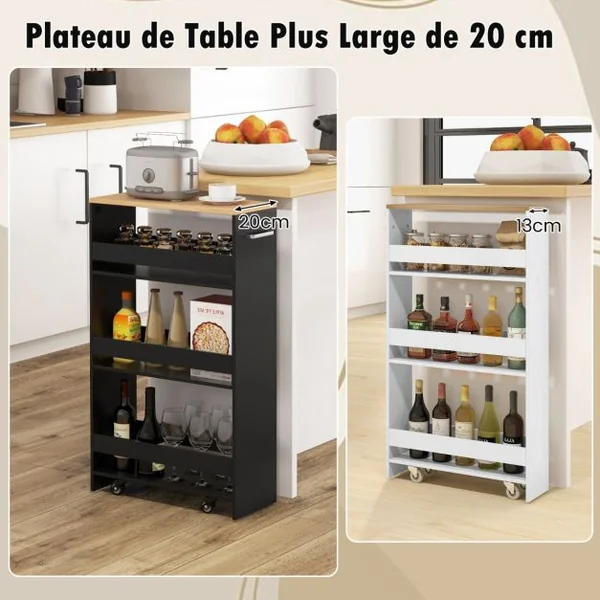Chariot de Rangement à Roulettes à 4 Niveaux Chariot de Cuisine Etroit de 20 cm à Roulettes Etagères Ouvertes et Poignée Noir