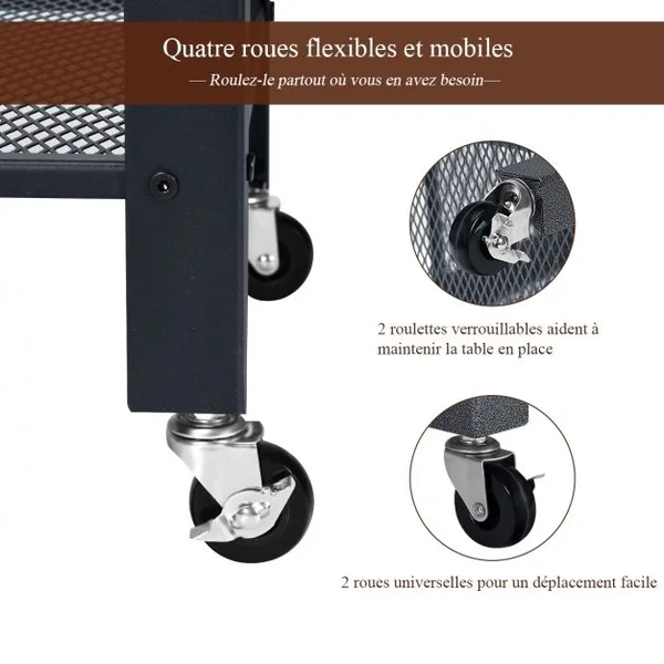 Chariot de Service Desserte à Roulettes avec 3 Niveaux et Cadre Métallique Plateau en Maille Style Industriel 60x40x75,5CM
