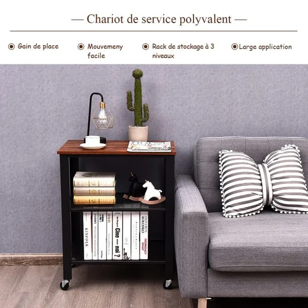 Chariot de Service Desserte à Roulettes avec 3 Niveaux et Cadre Métallique Plateau en Maille Style Industriel 60x40x75,5CM