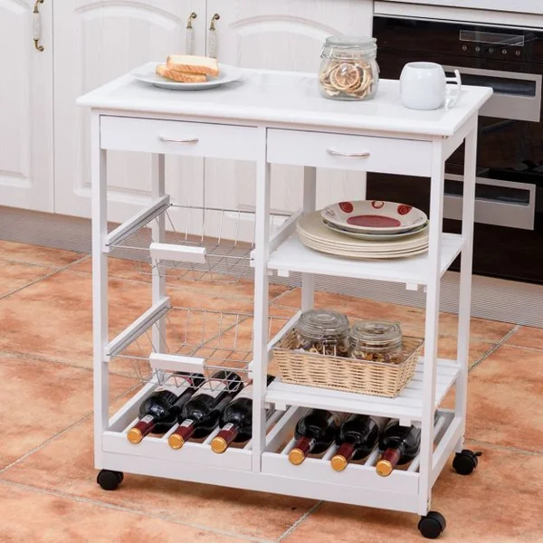 Chariot de Service Roulant Desserte de Cuisine à Roulettes et Étagères et 2 Tiroirs en Bois de Pin 67x37x76cm Blanc