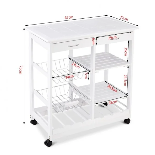 Chariot de Service Roulant Desserte de Cuisine à Roulettes et Étagères et 2 Tiroirs en Bois de Pin 67x37x76cm Blanc