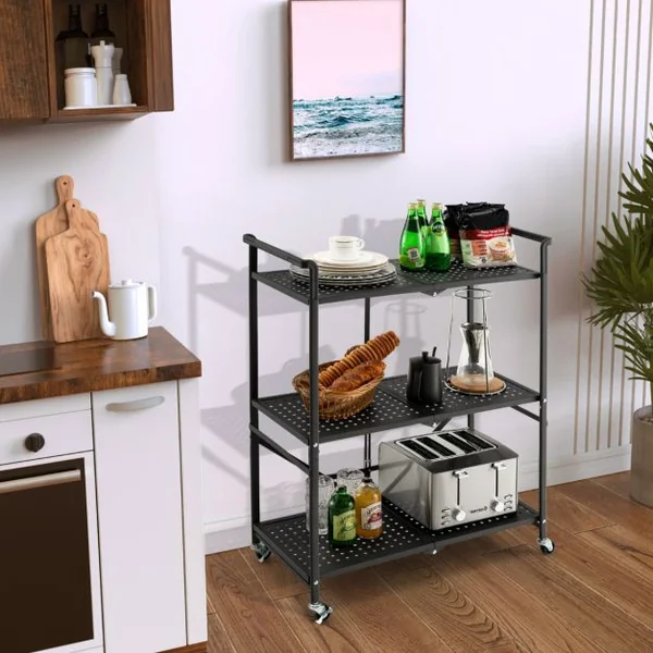Chariot de Service à roulettes Pliable - 3 Niveaux 4 Roues Flexibles (2 Verrouillables) pour Cuisine Garage Jardin Noir