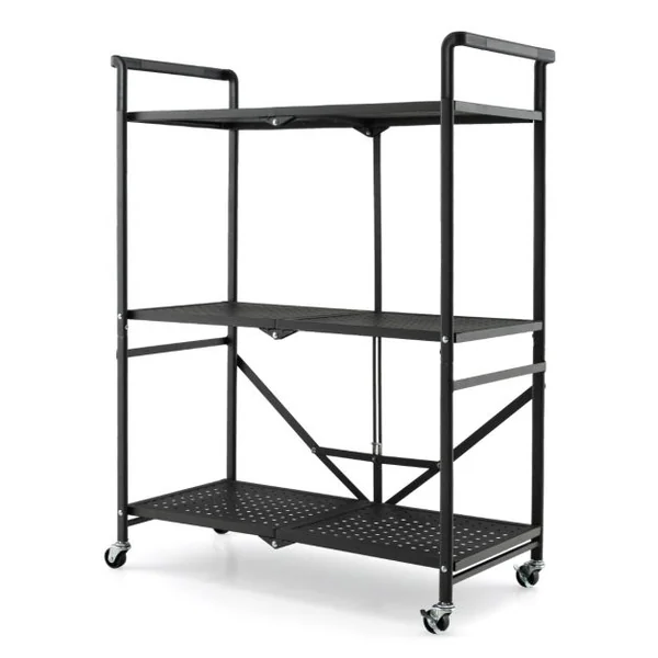 Chariot de Service à roulettes Pliable - 3 Niveaux 4 Roues Flexibles (2 Verrouillables) pour Cuisine Garage Jardin Noir