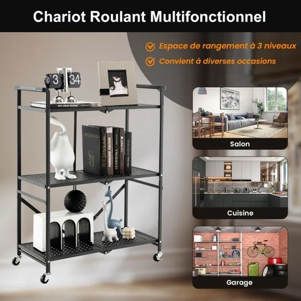 Chariot de Service à roulettes Pliable - 3 Niveaux 4 Roues Flexibles (2 Verrouillables) pour Cuisine Garage Jardin Noir