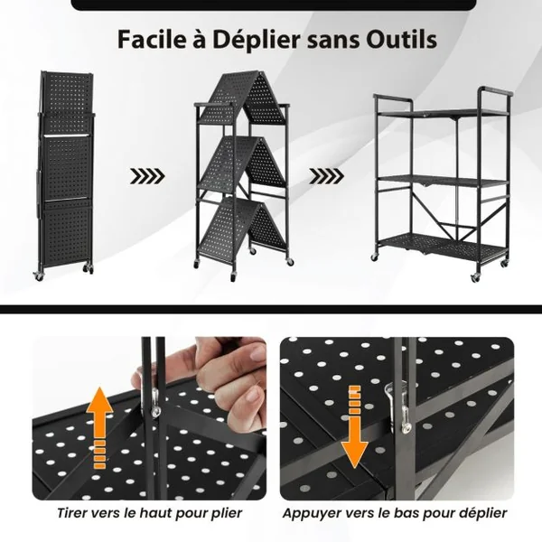 Chariot de Service à roulettes Pliable - 3 Niveaux 4 Roues Flexibles (2 Verrouillables) pour Cuisine Garage Jardin Noir