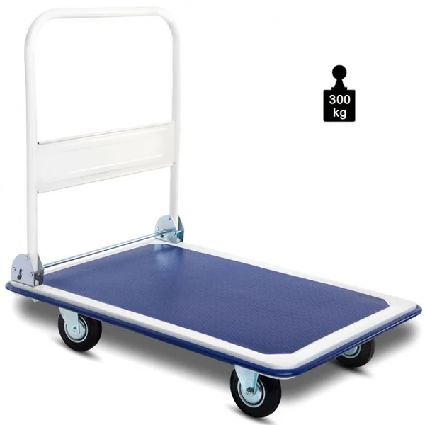 Chariot de Transport Chariot à Plateau Pliable Diable Hauteur Réglable Capacité 300kg en Acier 90x61x88cm Blanc&Bleu