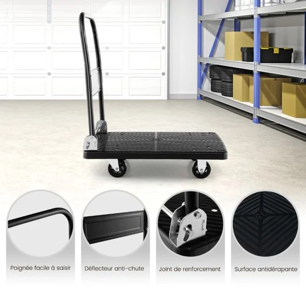 Chariot de Transport Pliable en Acier à Plate-Forme Chariot à 4 Roulettes Pivotantes à 360° Charge 200 KG pour Déménagement Maison Shopping Noir