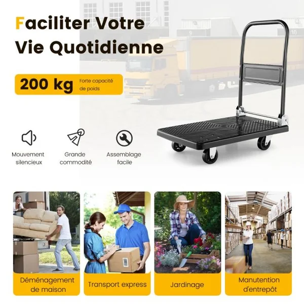 Chariot de Transport Pliable en Acier à Plate-Forme Chariot à 4 Roulettes Pivotantes à 360° Charge 200 KG pour Déménagement Maison Shopping Noir