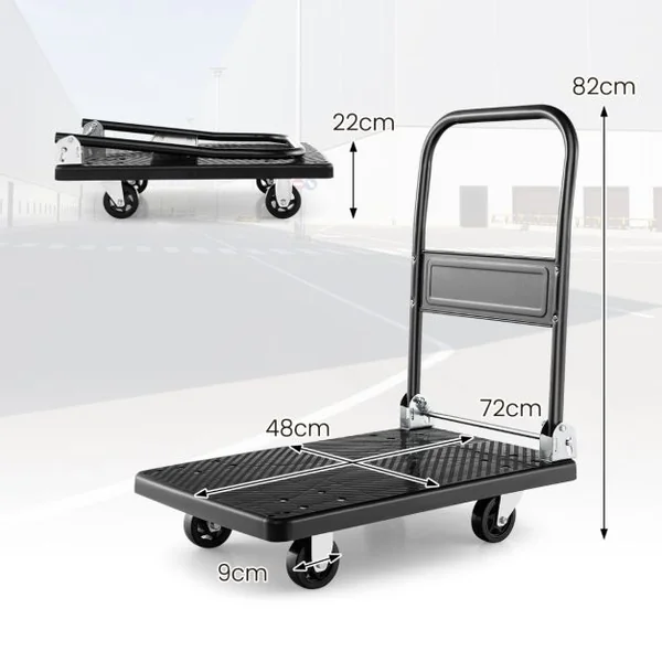 Chariot de Transport Pliable en Acier à Plate-Forme Chariot à 4 Roulettes Pivotantes à 360° Charge 200 KG pour Déménagement Maison Shopping Noir