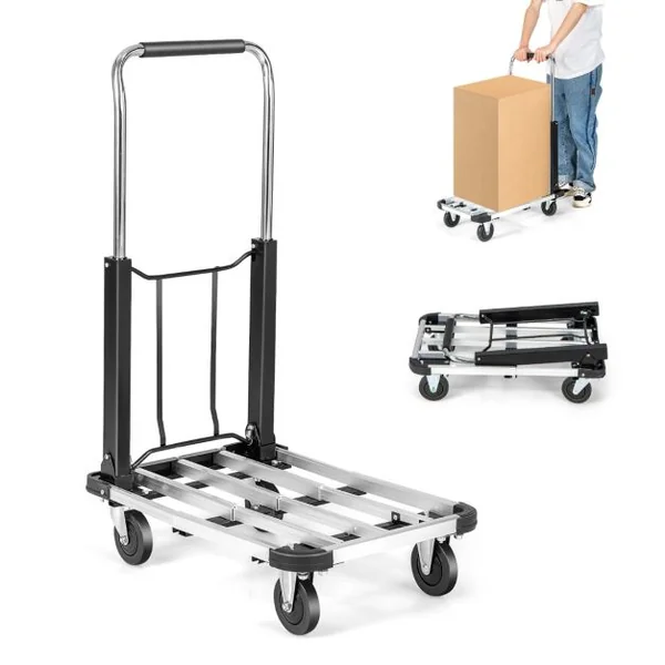 Chariot de Transport Pliable en Aluminium avec Plateau Extensible et Réglable en Hauteur Chariot à 4 Roulettes Pliable Charge 150 KG