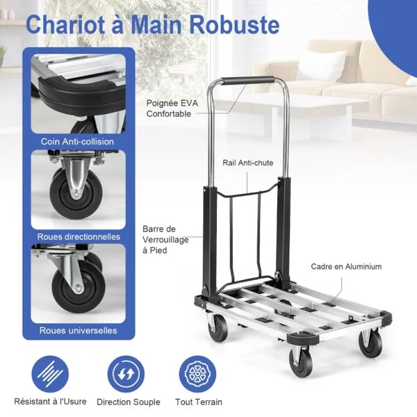 Chariot de Transport Pliable en Aluminium avec Plateau Extensible et Réglable en Hauteur Chariot à 4 Roulettes Pliable Charge 150 KG