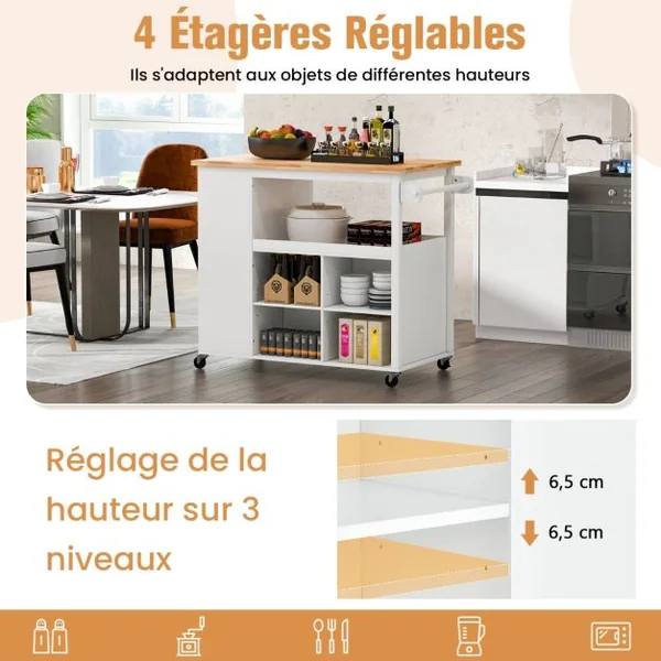 Chariot d'Îlot de Cuisine Roulant Comptoir en Bois d'Hévéa 4 Étagères Réglables Tiroir Porte-Épices Porte-Serviettes Roues Verrouillables Blanc