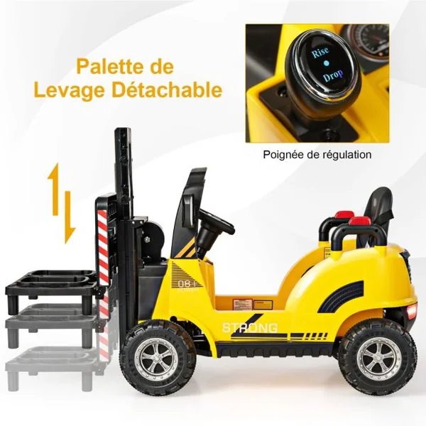 Chariot Elévateur Electrique Enfants 12V avec Fourche Véhicule de Construction avec Télécommande pour Enfants de 3 à 7 Ans Charge 30KG Jaune