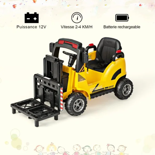 Chariot Elévateur Electrique Enfants 12V avec Fourche Véhicule de Construction avec Télécommande pour Enfants de 3 à 7 Ans Charge 30KG Jaune