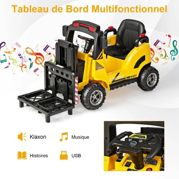 Chariot Elévateur Electrique Enfants 12V avec Fourche Véhicule de Construction avec Télécommande pour Enfants de 3 à 7 Ans Charge 30KG Jaune