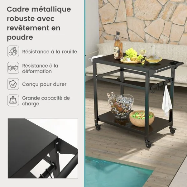Chariot pour Plancha / Barbecue à 2 Etagères Desserte de Jardin sur Roulettes avec 4 Crochets 108 x 50,5 x 88 CM Noir