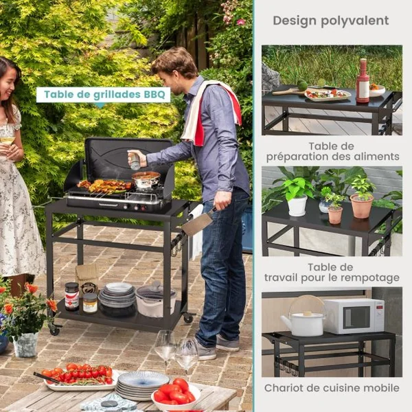 Chariot pour Plancha / Barbecue à 2 Etagères Desserte de Jardin sur Roulettes avec 4 Crochets 108 x 50,5 x 88 CM Noir