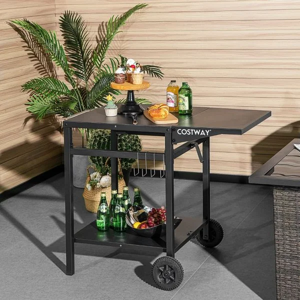 Chariot pour Plancha à Double Étagère avec Table Pliante Desserte de Jardin en Métal avec Crochets et Roues 96,5x64x75,5 CM