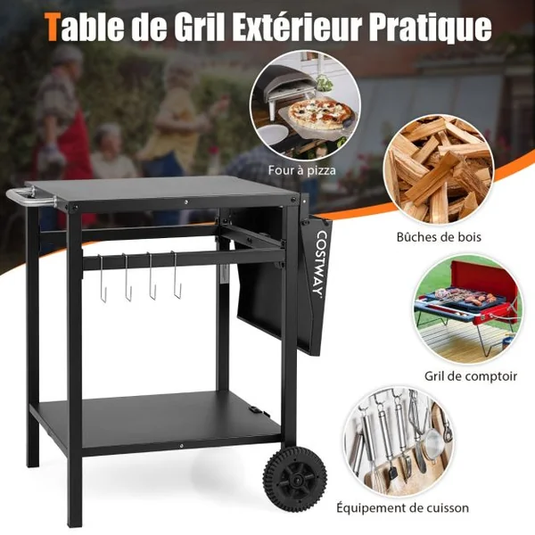 Chariot pour Plancha à Double Étagère avec Table Pliante Desserte de Jardin en Métal avec Crochets et Roues 96,5x64x75,5 CM