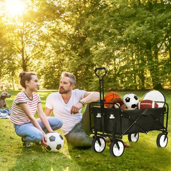 Chariot Remorque de Jardin Pliable pour Transport avec 4 Roues Lisse Poignée Réglable Capacité 150 Kg en Acier Noir