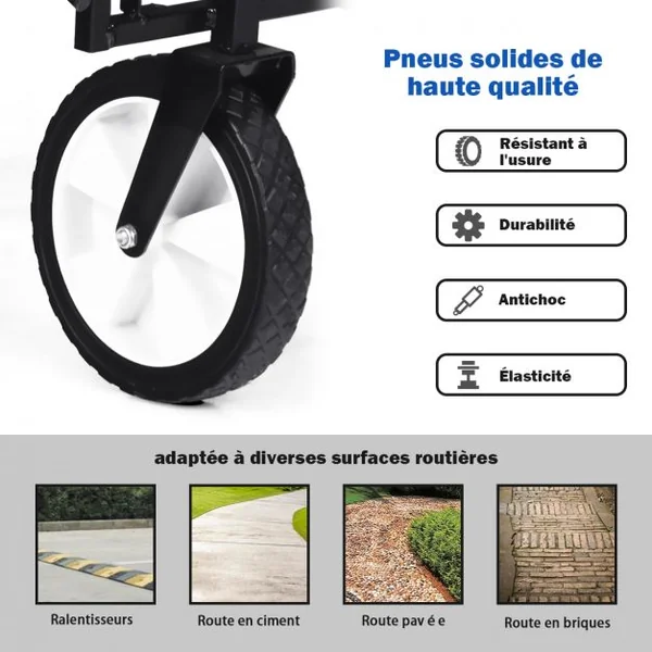 Chariot Remorque de Jardin Pliable pour Transport avec 4 Roues Lisse Poignée Réglable Capacité 150 Kg en Acier Noir
