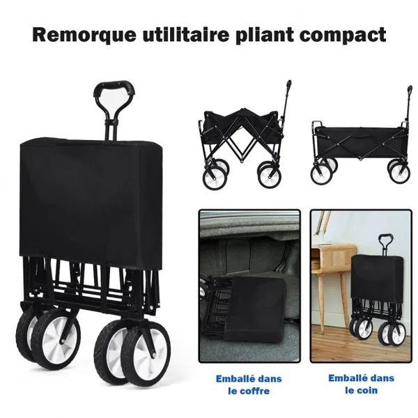 Chariot Remorque de Jardin Pliable pour Transport avec 4 Roues Lisse Poignée Réglable Capacité 150 Kg en Acier Noir