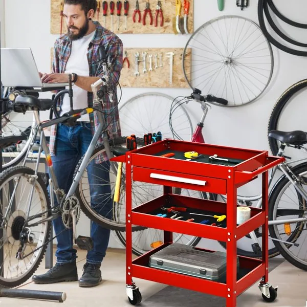 Chariot Roulant D’atelier Chariot à Outils à 3 Étages avec Tiroir Tapis Antidérapant en Métal 80x41x795cm Rouge