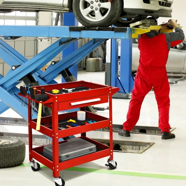 Chariot Roulant D’atelier Chariot à Outils à 3 Étages avec Tiroir Tapis Antidérapant en Métal 80x41x795cm Rouge