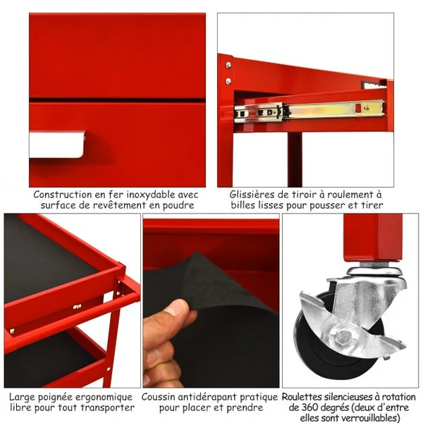 Chariot Roulant D’atelier Chariot à Outils à 3 Étages avec Tiroir Tapis Antidérapant en Métal 80x41x795cm Rouge