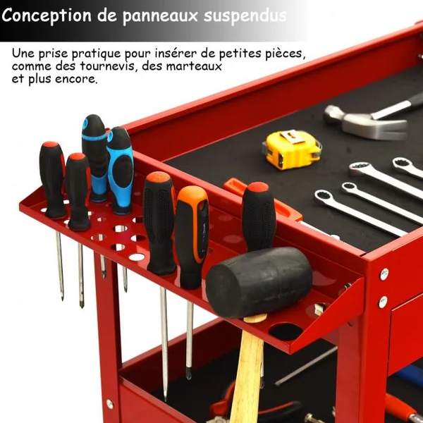 Chariot Roulant D’atelier Chariot à Outils à 3 Étages avec Tiroir Tapis Antidérapant en Métal 80x41x795cm Rouge