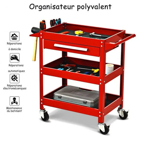 Chariot Roulant D’atelier Chariot à Outils à 3 Étages avec Tiroir Tapis Antidérapant en Métal 80x41x795cm Rouge