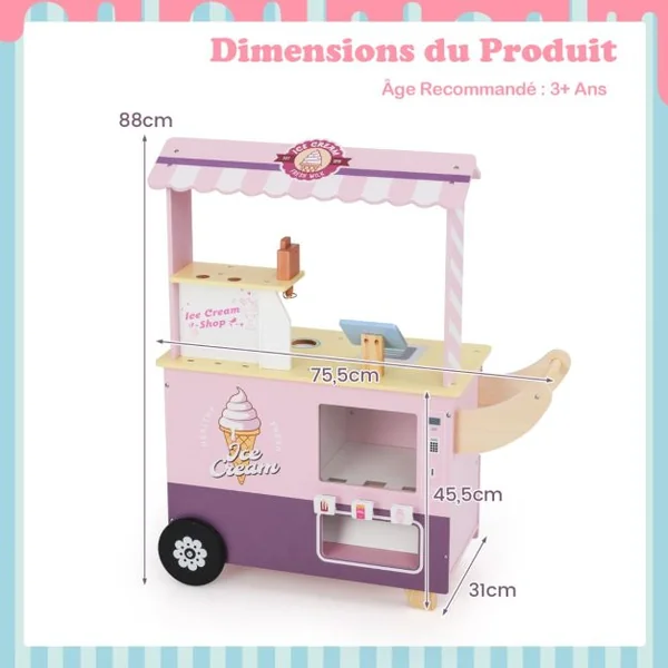 Chariot à Glaces pour Enfants Stand de Glaces pour Tout-petits Distributeur Automatique et Jouets Présentoir Ecran pour 3+ Ans Rose/Vert