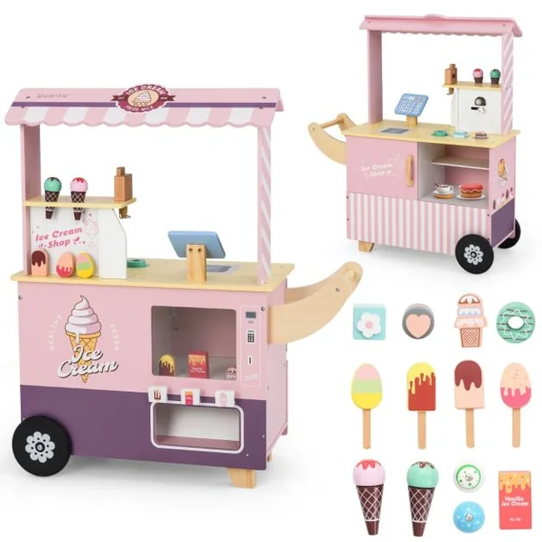 Chariot à Glaces pour Enfants Stand de Glaces pour Tout-petits Distributeur Automatique et Jouets Présentoir Ecran pour 3+ Ans Rose/Vert