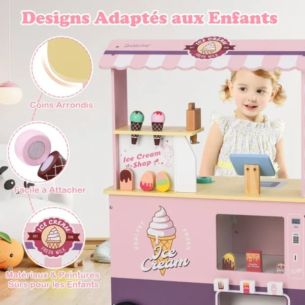 Chariot à Glaces pour Enfants Stand de Glaces pour Tout-petits Distributeur Automatique et Jouets Présentoir Ecran pour 3+ Ans Rose/Vert