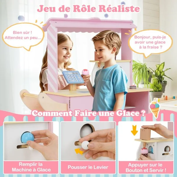 Chariot à Glaces pour Enfants Stand de Glaces pour Tout-petits Distributeur Automatique et Jouets Présentoir Ecran pour 3+ Ans Rose/Vert